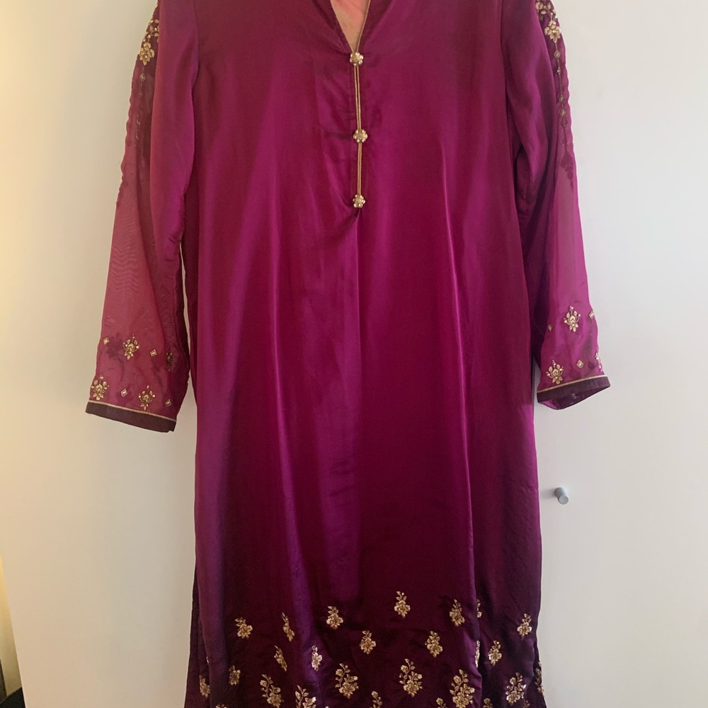Purple salwar with peach kattan dupatta